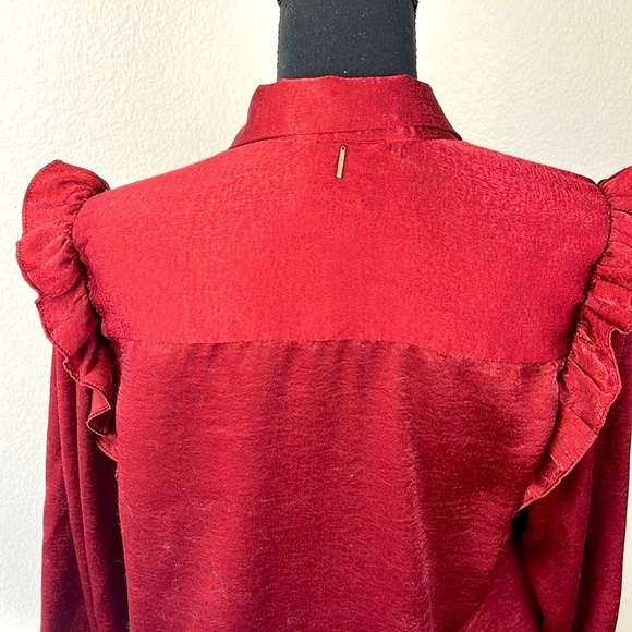 Misa LA Donata Satin Blouse M Maroon Smocked Cuffs Ruffle Shoulders/Pockets Top - Picture 8 of 14